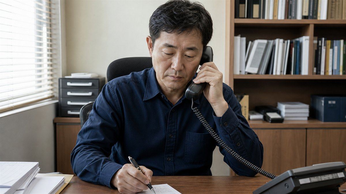 사무실에서 통화하며 메모하는 인테리어 업자