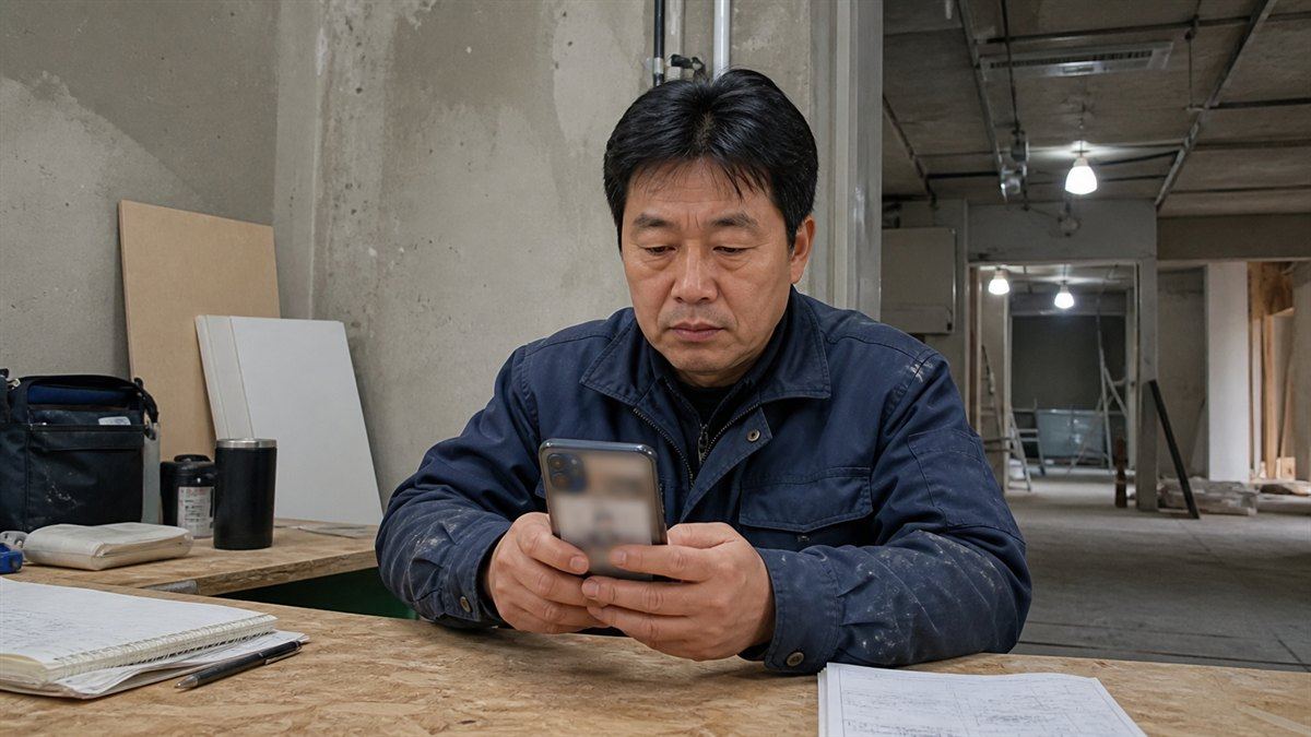 인테리어 현장 간이 사무 공간에서 홈페이지 폰으로 확인하는 대표