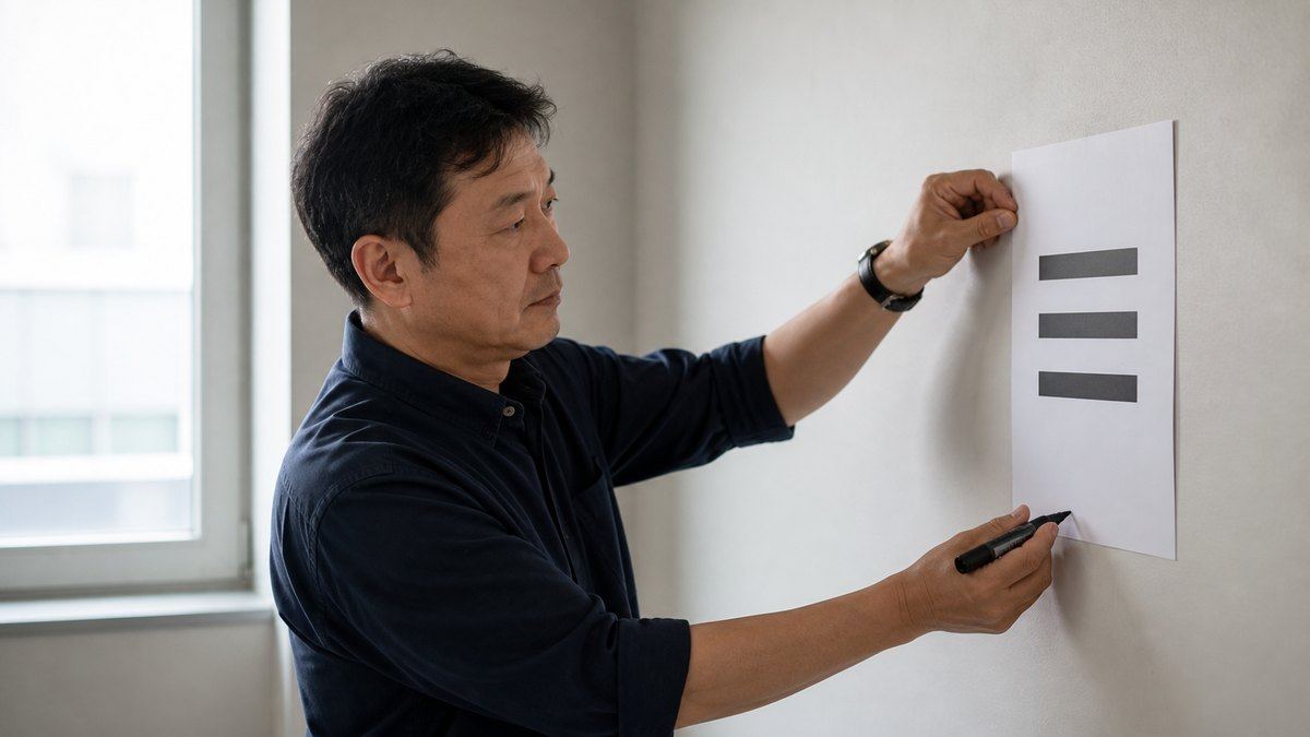 사무실에서 종이에 안내 문구 세 줄을 적어 벽에 붙이는 인테리어 업체 대표