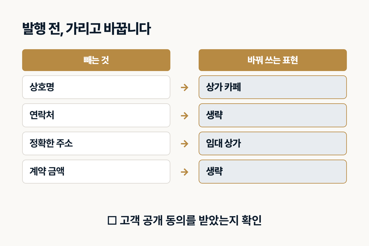 시공사례 발행 전 가리기 체크