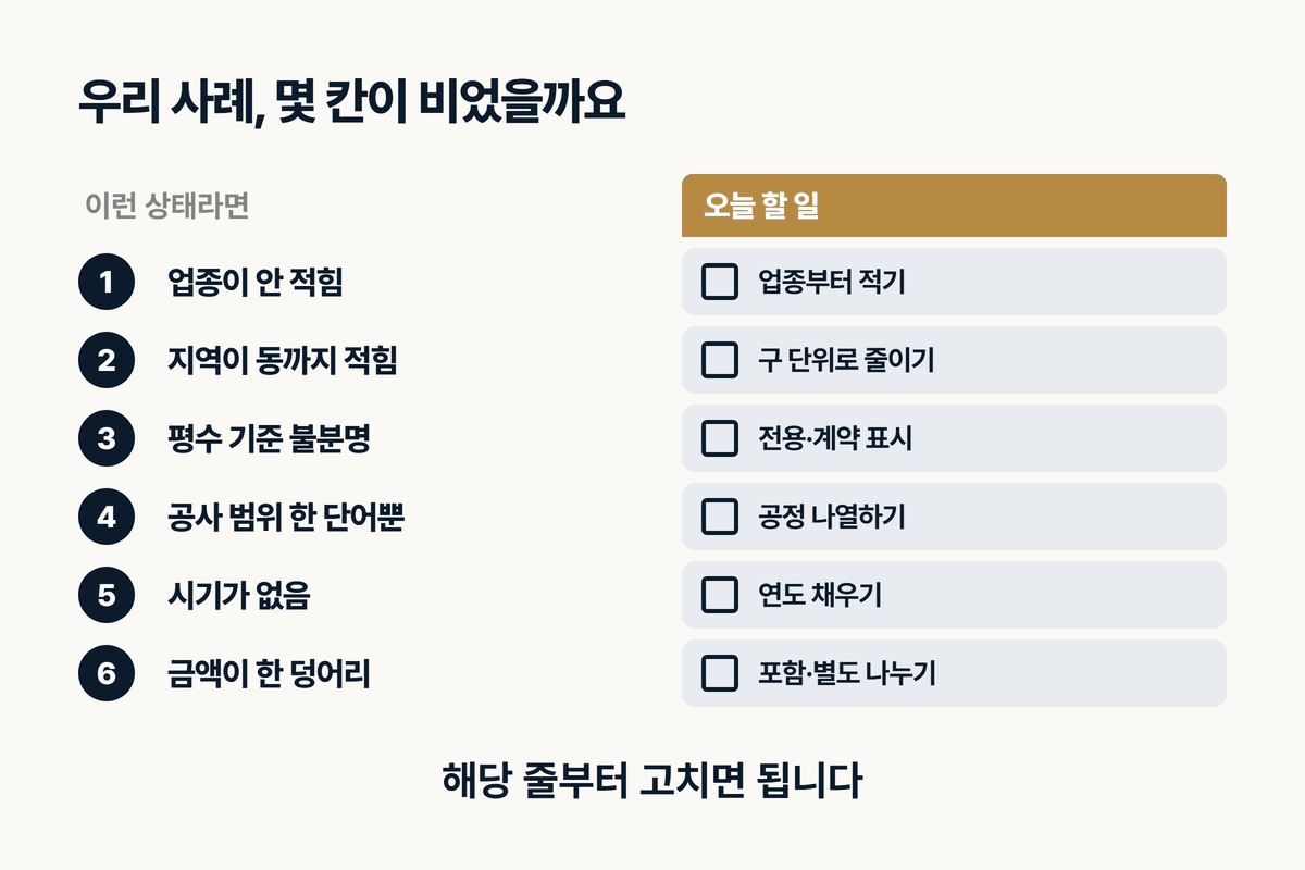 인테리어 시공사례 기본정보 자가진단표 업종 지역 평수 금액