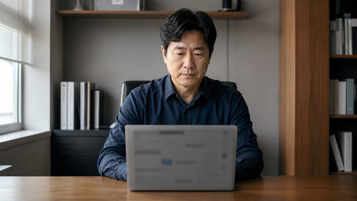 인테리어 업체 대표가 홈페이지 첫 화면 문구를 확인하는 모습