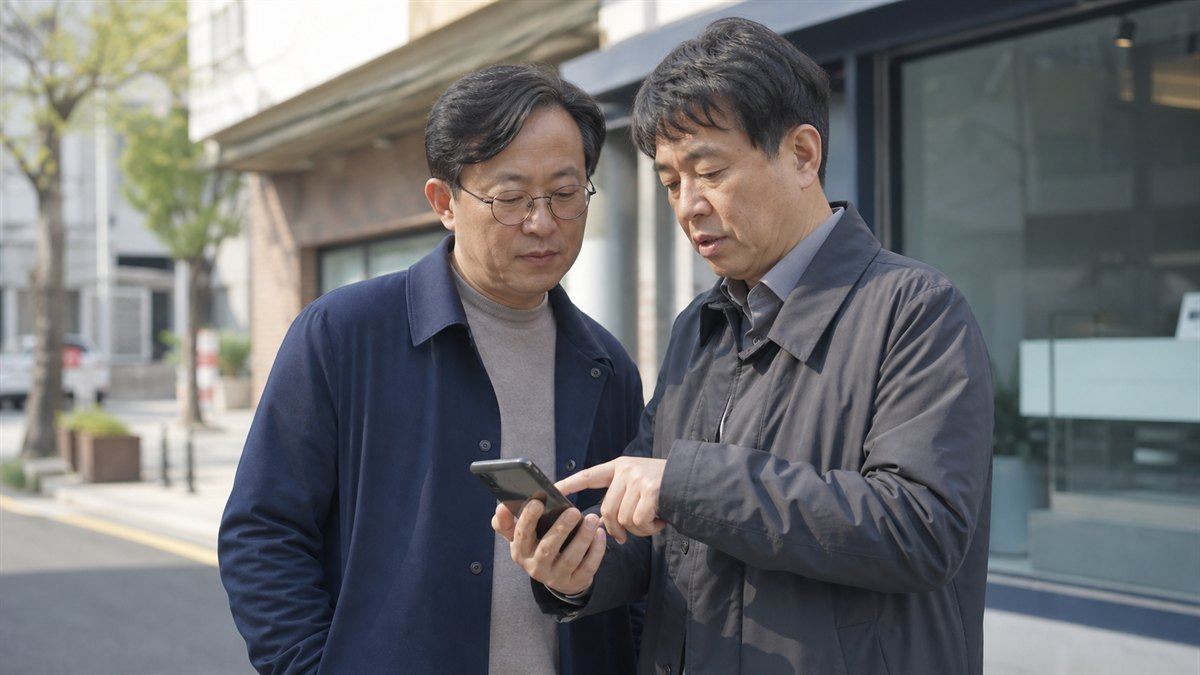 상가 거리에서 이야기를 나누는 인테리어 업체 대표 두 사람