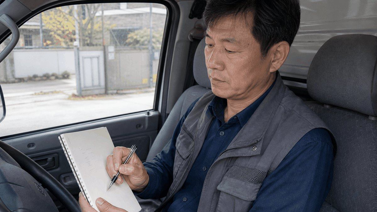차 안에서 수첩에 알릴 고객과 거래처 명단을 적는 인테리어 업체 대표
