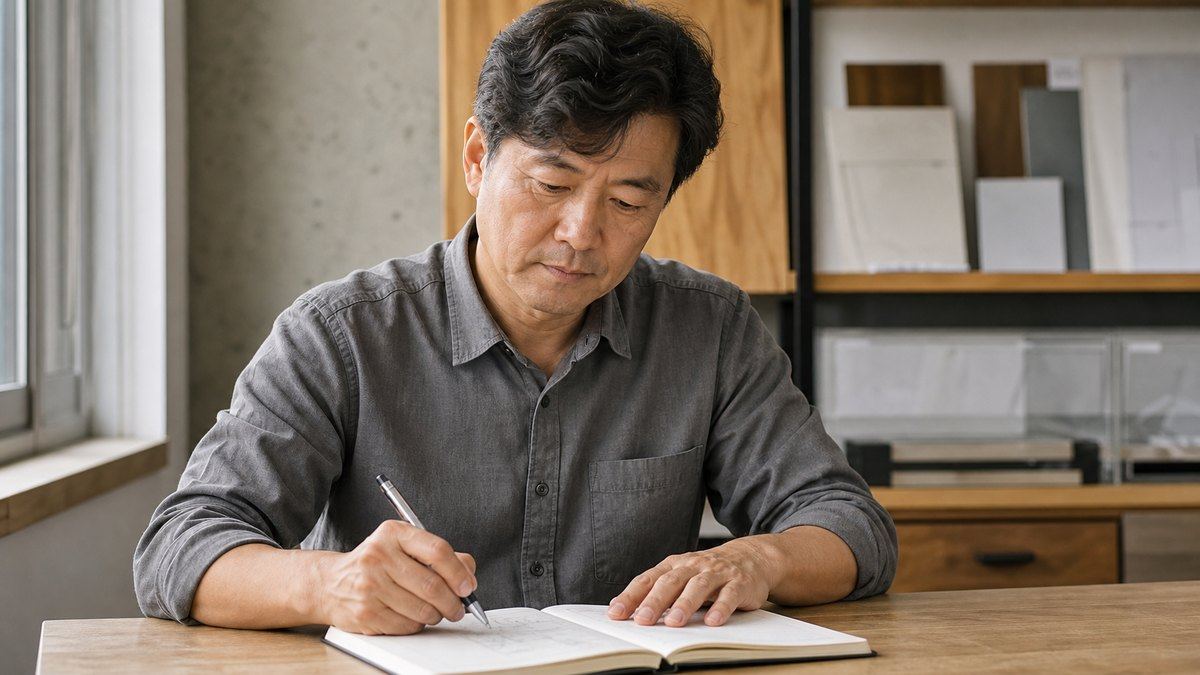 사무실 책상에서 종이에 손글씨로 현장 메모를 적는 인테리어 업체 대표