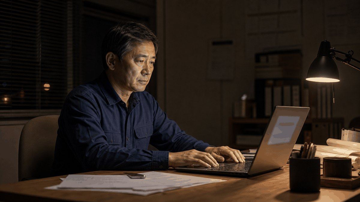 인테리어 업체 대표가 밤늦게 사무실에서 블로그 글쓰기 화면을 열어둔 모습