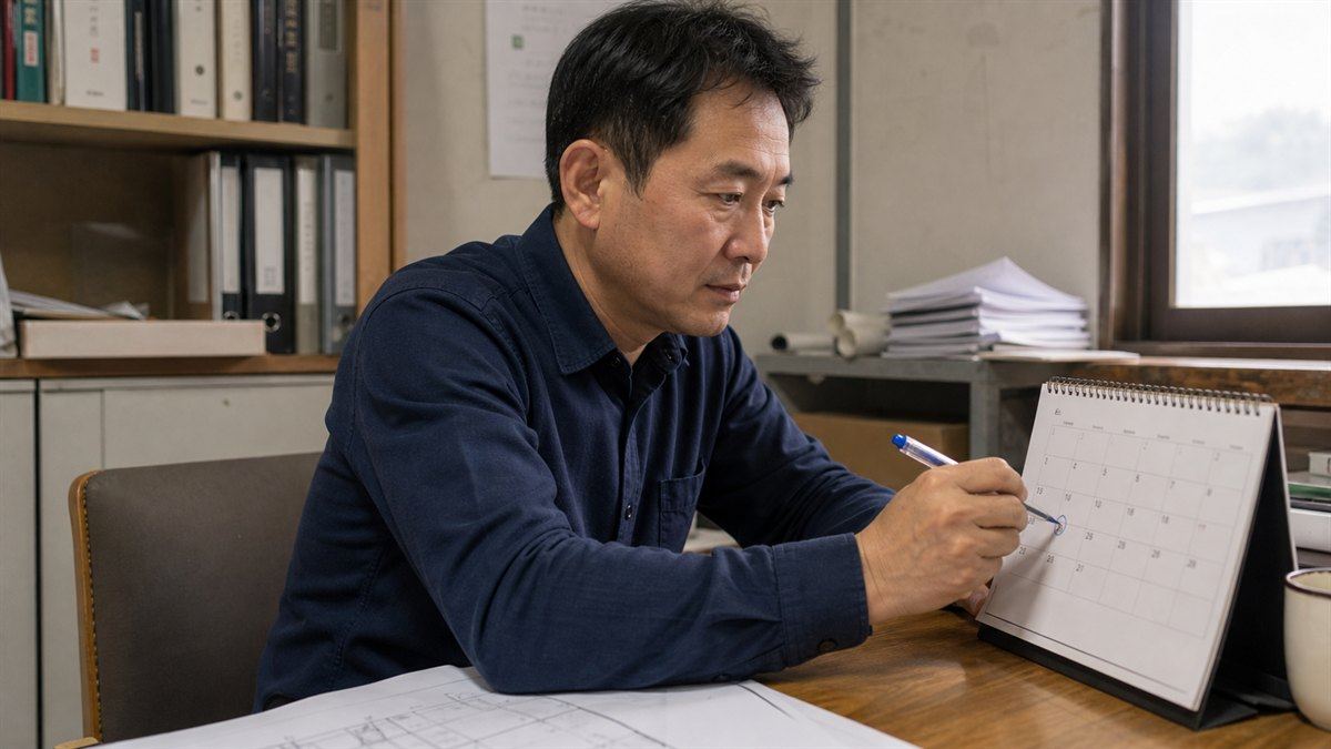 인테리어 대표가 탁상 달력에 방문 날짜를 표시하는 모습