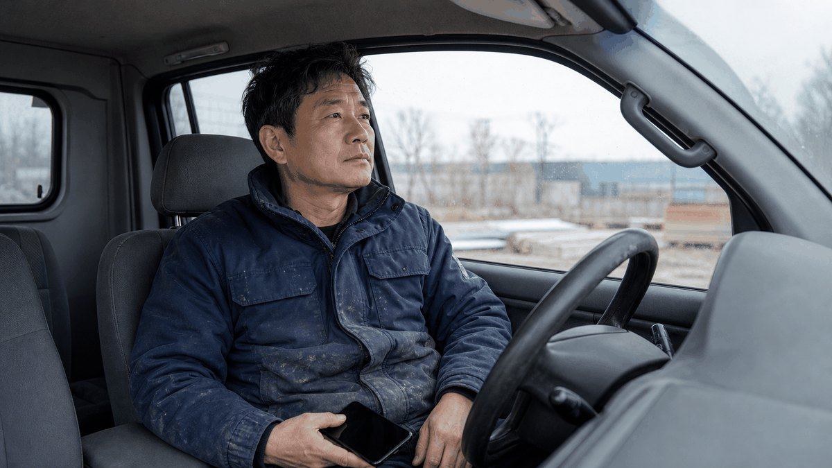 인테리어 업체 대표가 현장 이동 중 차 안에서 문의 전화를 끊고 잠시 생각하는 모습