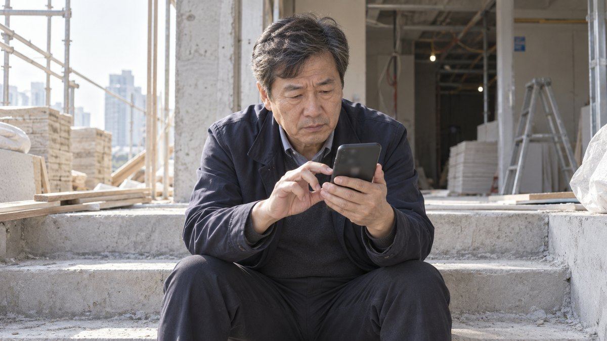 인테리어 현장 입구 밖 휴대폰 확인