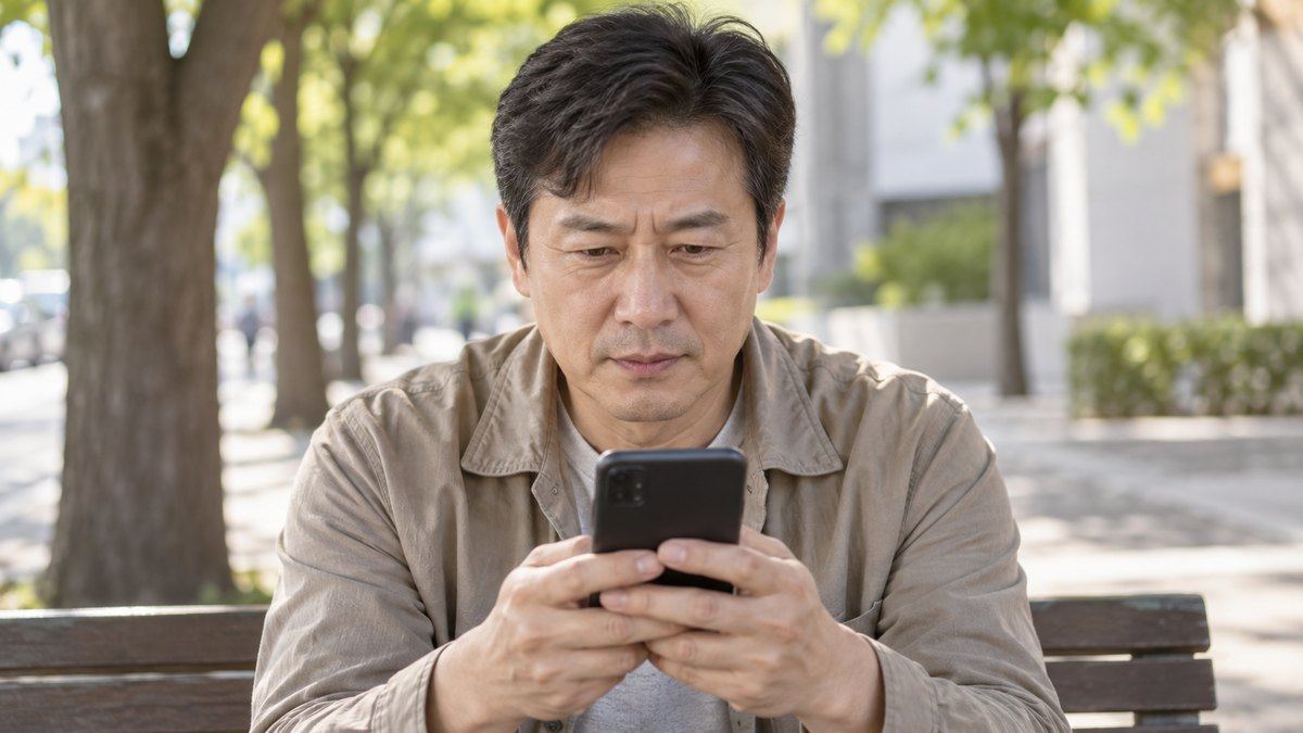 벤치에서 휴대폰으로 업체 검색하는 남성