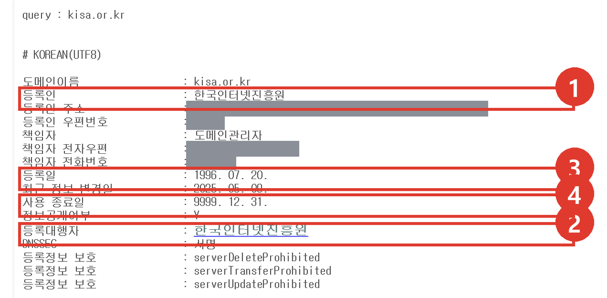 후이즈검색 조회 결과의 등록인 등록대행자 등록일 사용 종료일 네 줄