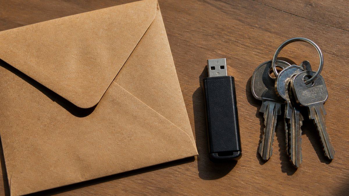 책상 위에 놓인 서류 봉투와 USB 메모리, 열쇠 꾸러미