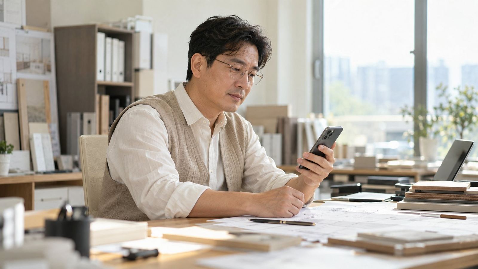 사무실에서 휴대폰으로 완성 홈페이지를 확인하는 인테리어 사장님