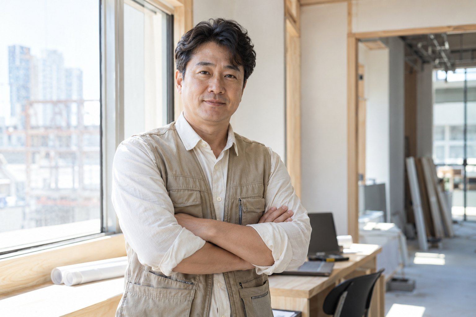 현장 사무실 창가에 선 인테리어 사장님