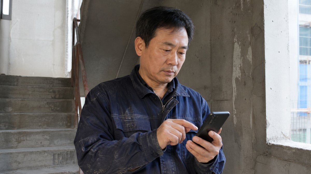 현장 계단참에서 휴대폰으로 제작 업체에 메시지를 보내는 인테리어 업체 대표